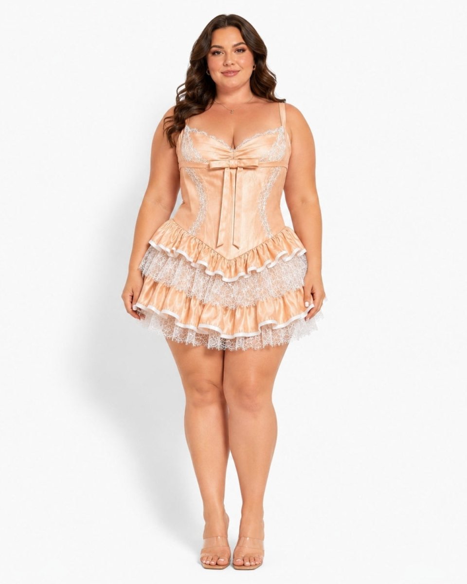 Detailed flatlay of the Ondara Apricot Satin Corset Mini Dress, emphasizing the high-quality satin fabric and intricate cottagecore lace details.