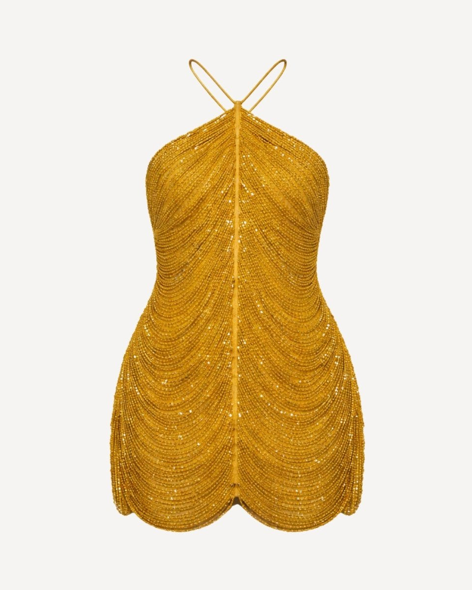 Flat lay product shot of Ondara gold embellished luxury party dress with art-deco scallop hem.