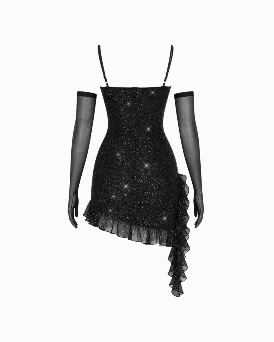 Ghost mannequin back view of the Ondara black glitter mini dress highlighting the zipper closure and ruffle placement.
