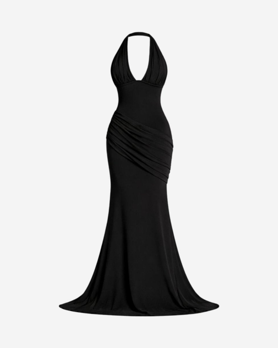 A black halter-neck floor-length gown with a ruched draped bodice, shown on a plain light gray background.