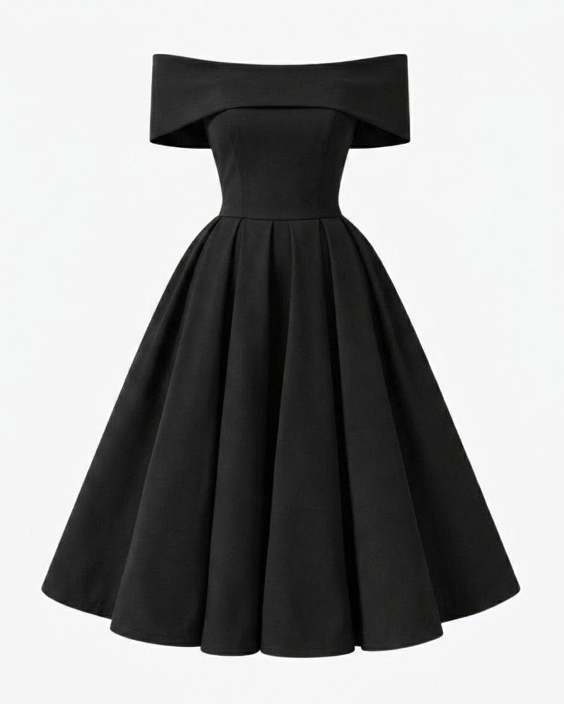 A black off-the-shoulder fit-and-flare dress with a structured bodice and full skirt, shown against a plain white background.