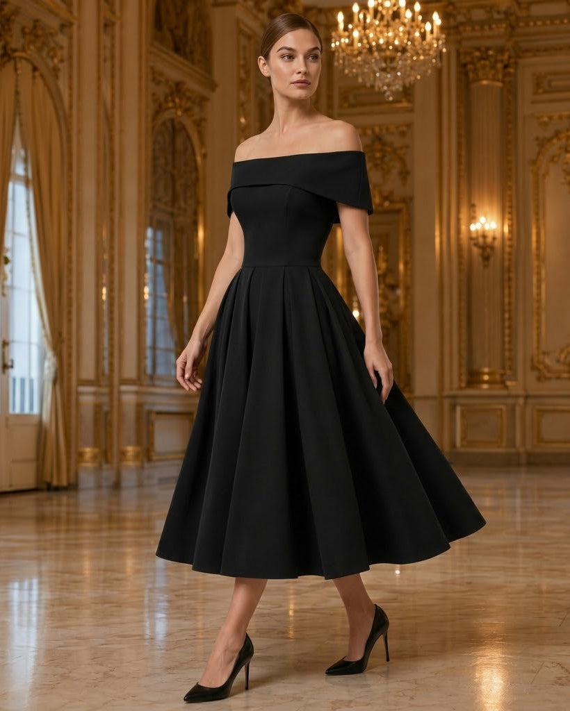 A woman models a black off-the-shoulder midi dress with a flared skirt in an ornate, gold-accented palace hall.