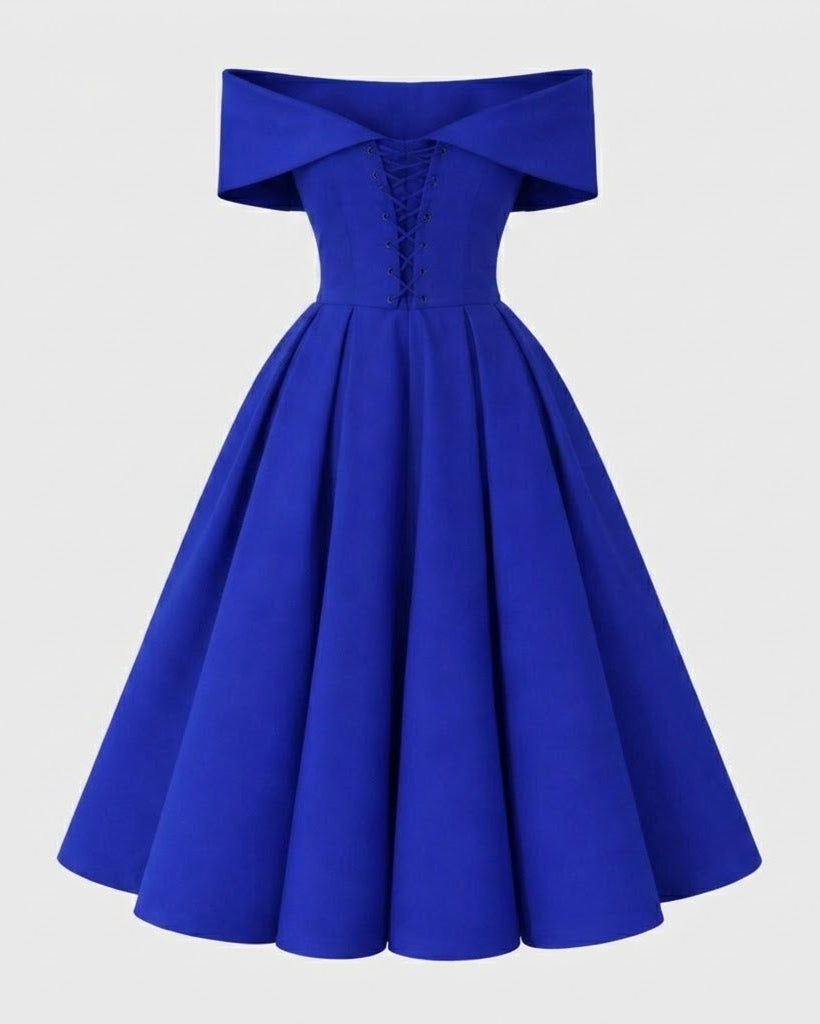 A royal blue off-the-shoulder swing dress with a structured corset-style bodice and lace-up front, shown against a light gray background.