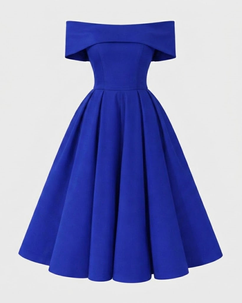 A royal blue off-the-shoulder A-line dress with a structured bodice and full skirt, shown against a light gray background.
