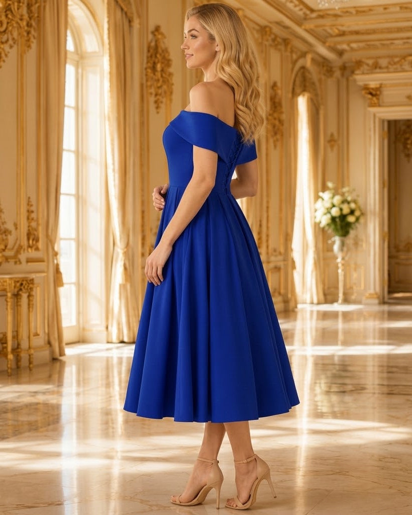 A woman wearing a royal blue off-the-shoulder midi dress with a flared skirt, standing in a luxurious gold-toned room with high ceilings and marble floors.