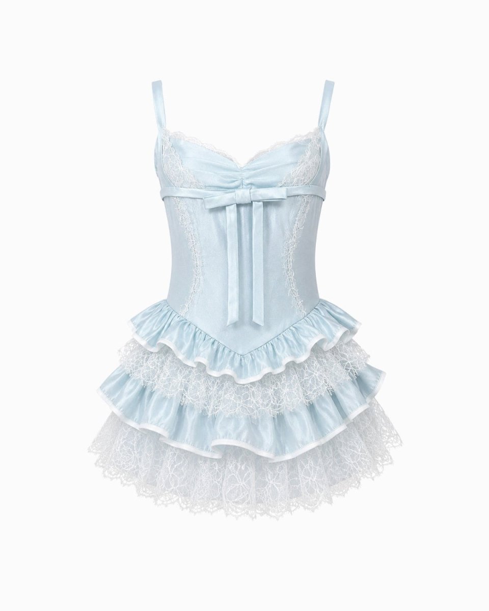 Front flatlay of the Ondara Blue Satin Corset Mini Dress displaying the expert craftsmanship of the flexible boning and delicate satin bow.