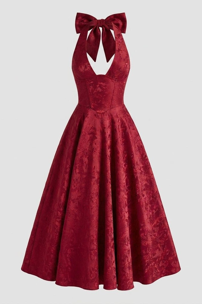 Front ghost mannequin view of the red jacquard corset party dress, displaying the deep V-neckline and structural boning.