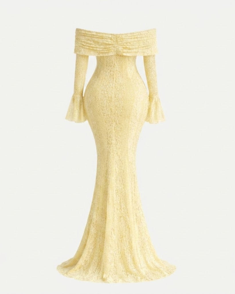 A pale yellow off-the-shoulder maxi dress with long flared bell sleeves and a fitted mermaid silhouette, shown against a plain off-white background.