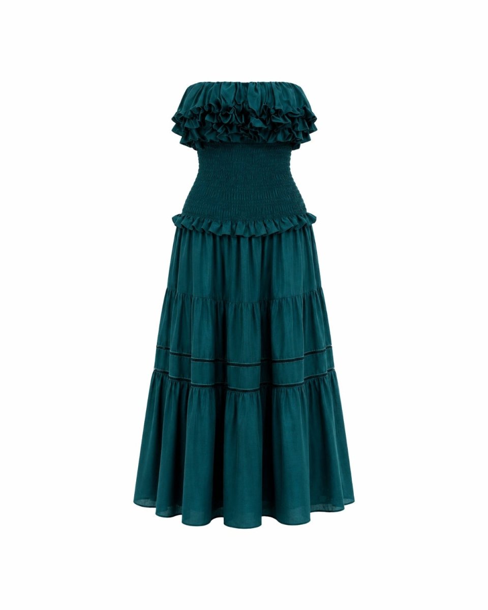 Ghost mannequin front view of the Ondara emerald green strapless smocked maxi dress showing the precise architectural tiered skirt layers.