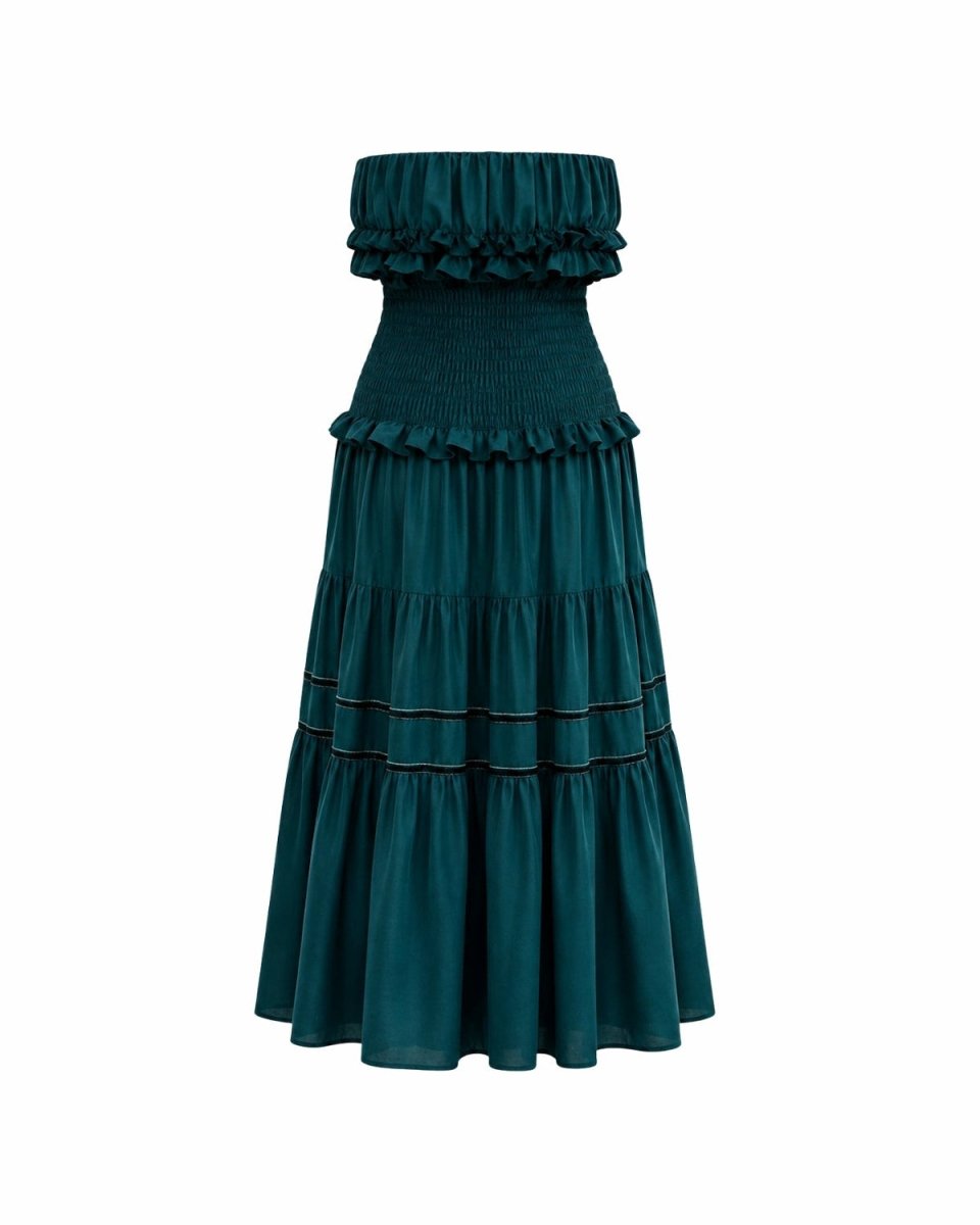 Ghost mannequin back view of the dark green strapless smocked tiered maxi dress detailing the premium fabric and reinforced seam construction.