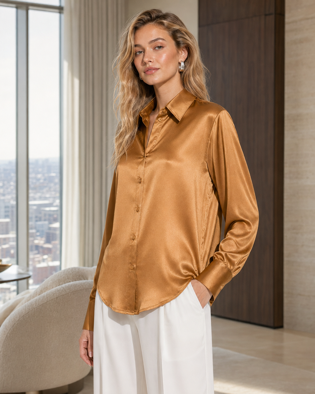 A woman modeling a long-sleeve satin button-up blouse in a warm camel brown color, paired with white trousers, in a modern, sunlit room with a city view.