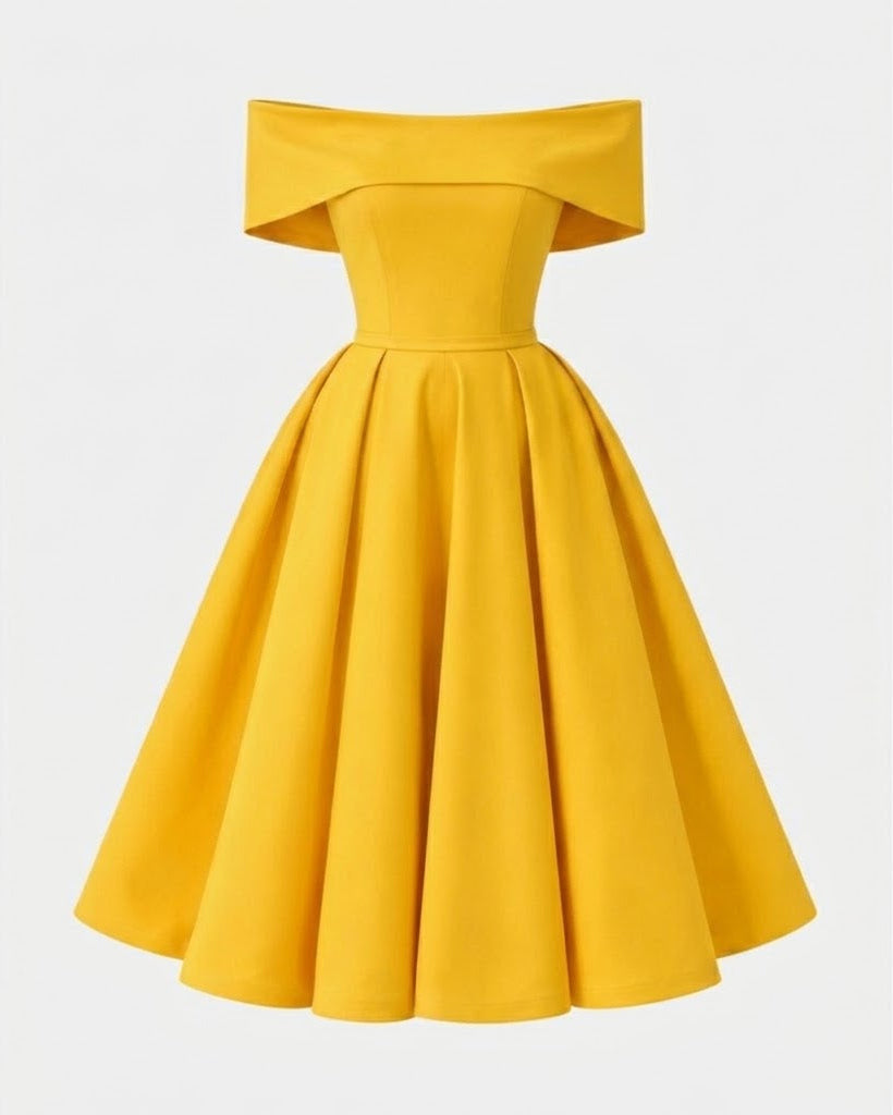 A bright yellow off-the-shoulder A-line dress with a structured bodice and full skirt, shown against a plain light gray background.