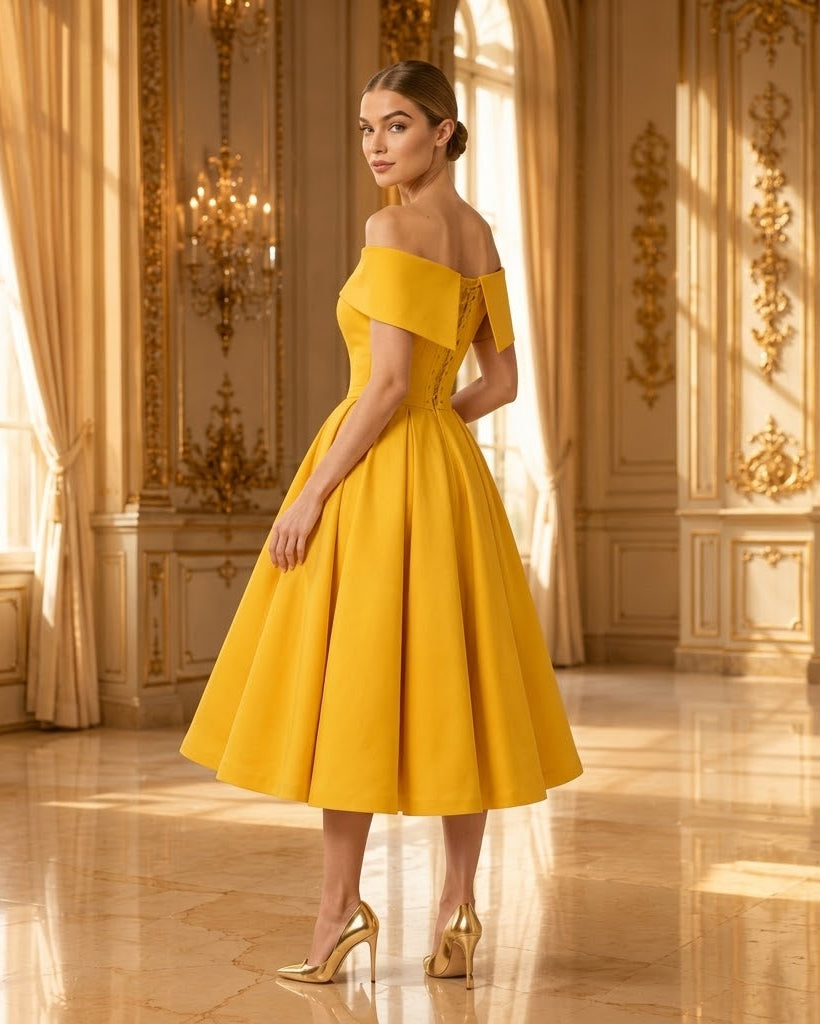 A woman models a bright yellow off-the-shoulder midi dress with a flared skirt in an elegant, sunlit palace interior with gold walls and chandeliers.