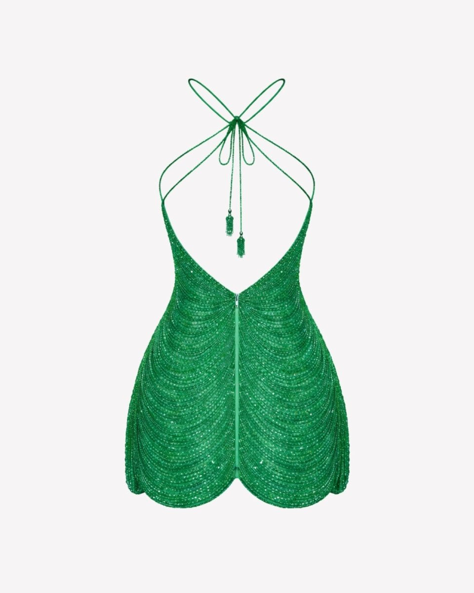 Green lace halter top on a white background