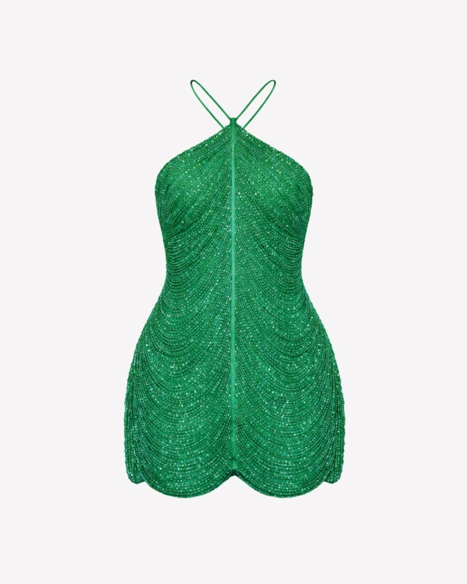 Detailed front view of Ondara emerald green hand-beaded cocktail dress highlighting halter neckline.