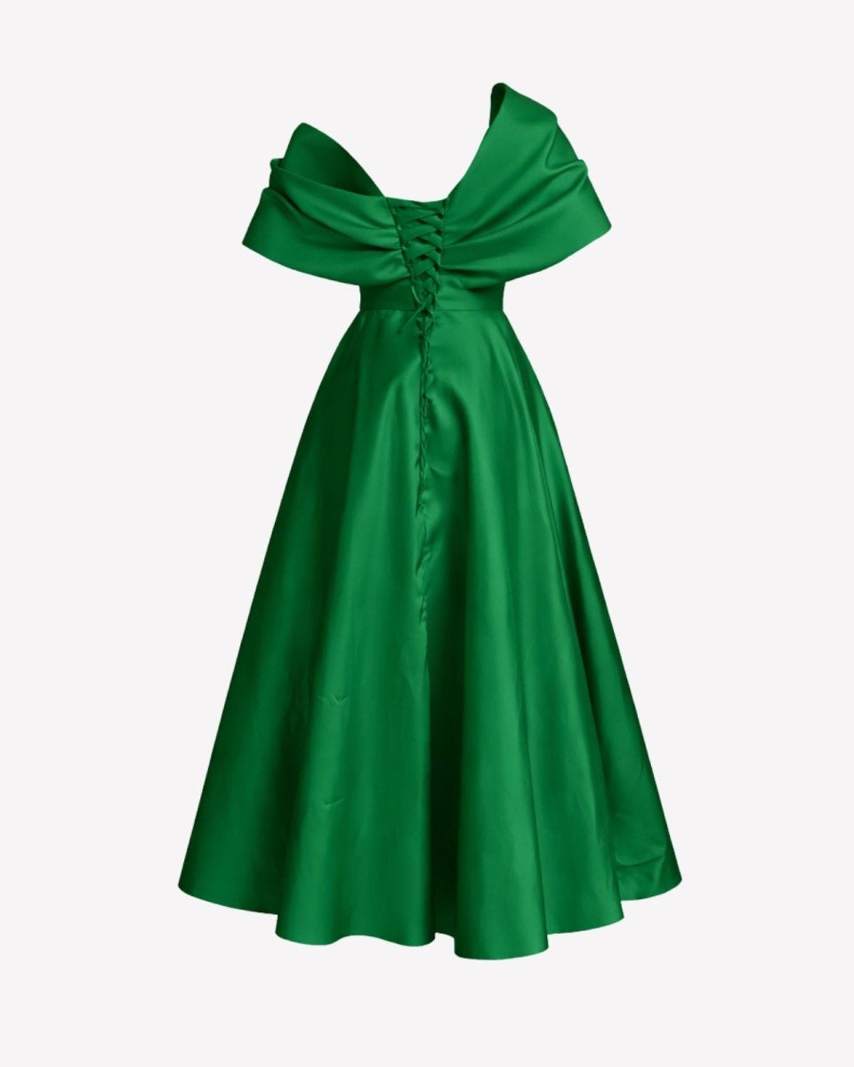 Back view product flat lay showcasing the lace-up corset detail on green formal dress.