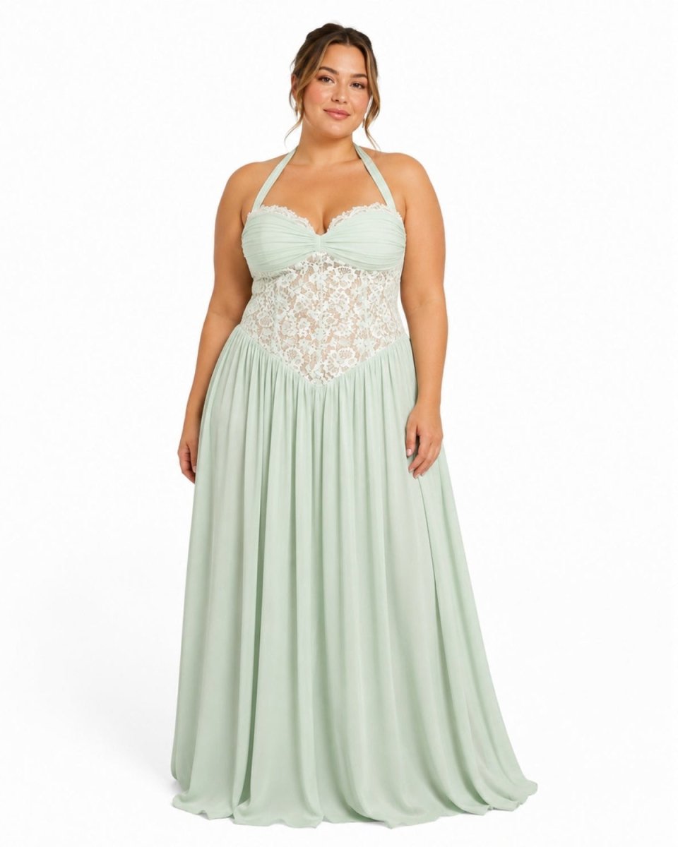 Plus size mint green lace corset pleated maxi dress by Ondara, highlighting the elegant cottagecore aesthetic and structured boned bodice.