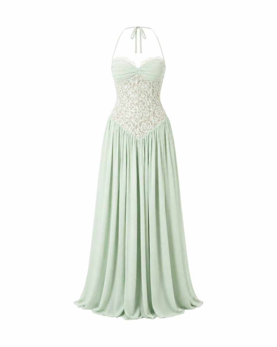 Flat lay view of the Ondara mint green lace-up back evening gown, showcasing the V-shaped dropped basque waistline and meticulously pleated maxi skirt.