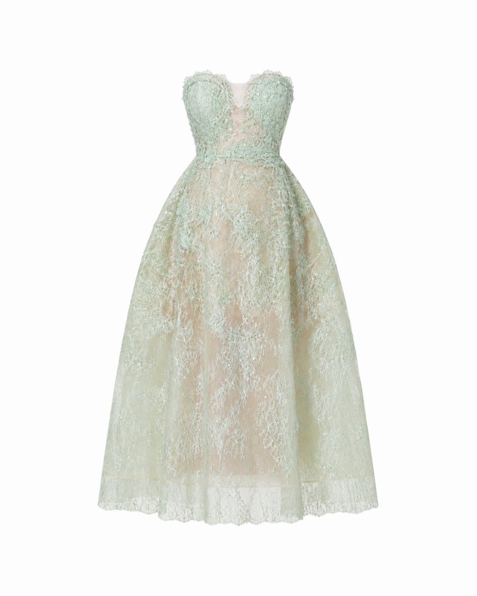 Ghost mannequin flatlay showing the structural silhouette of the green strapless lace midi dress by Ondara.