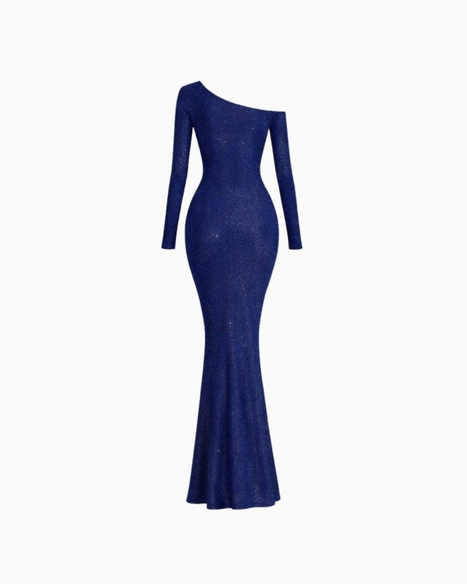 A long-sleeve, off-the-shoulder, floor-length mermaid gown in a deep sparkling blue, shown against a plain white background.