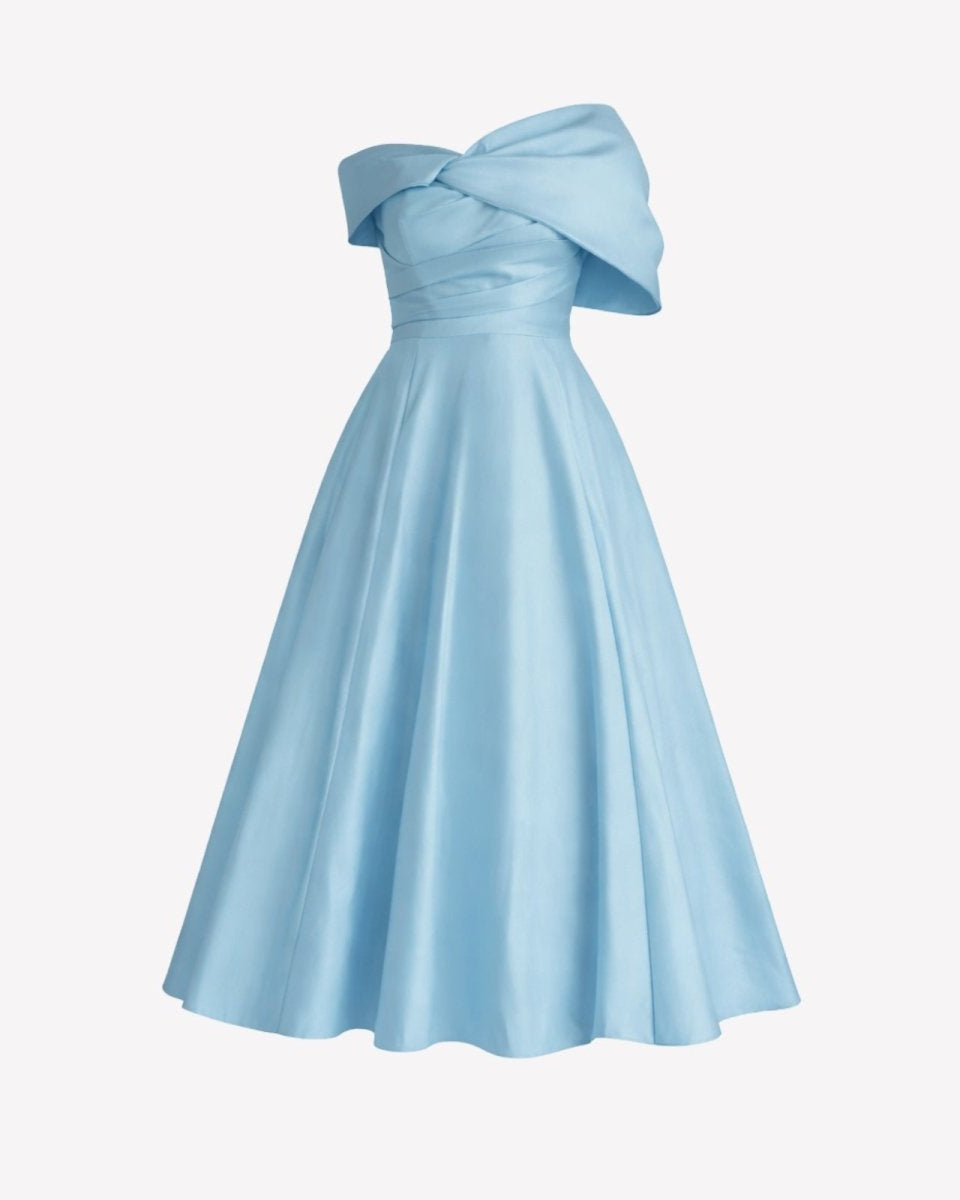 Angled product view of the Ondara light blue satin off-shoulder A-line dress.