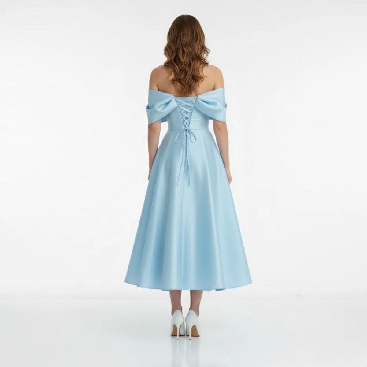Model showcasing the back corset lace-up detail of the light blue formal midi dress.