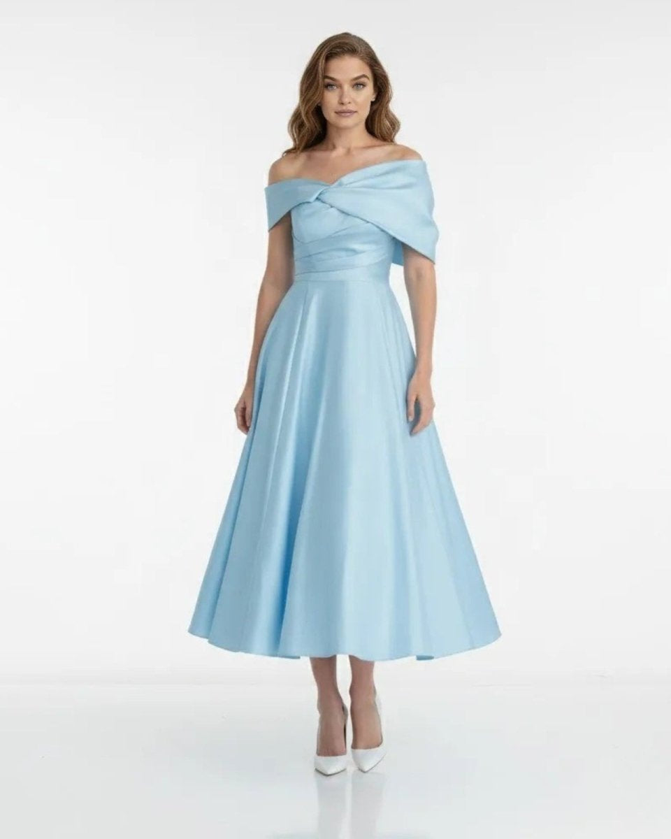 Front view of Ondara light blue satin off-shoulder midi cocktail dress.