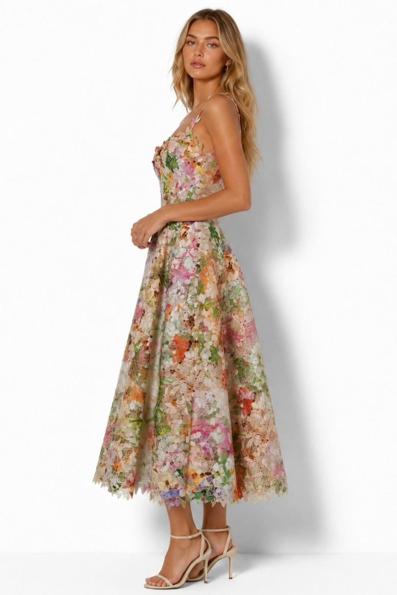 Side profile of Ondara A-line 3D floral lace cocktail dress showcasing tailored fit