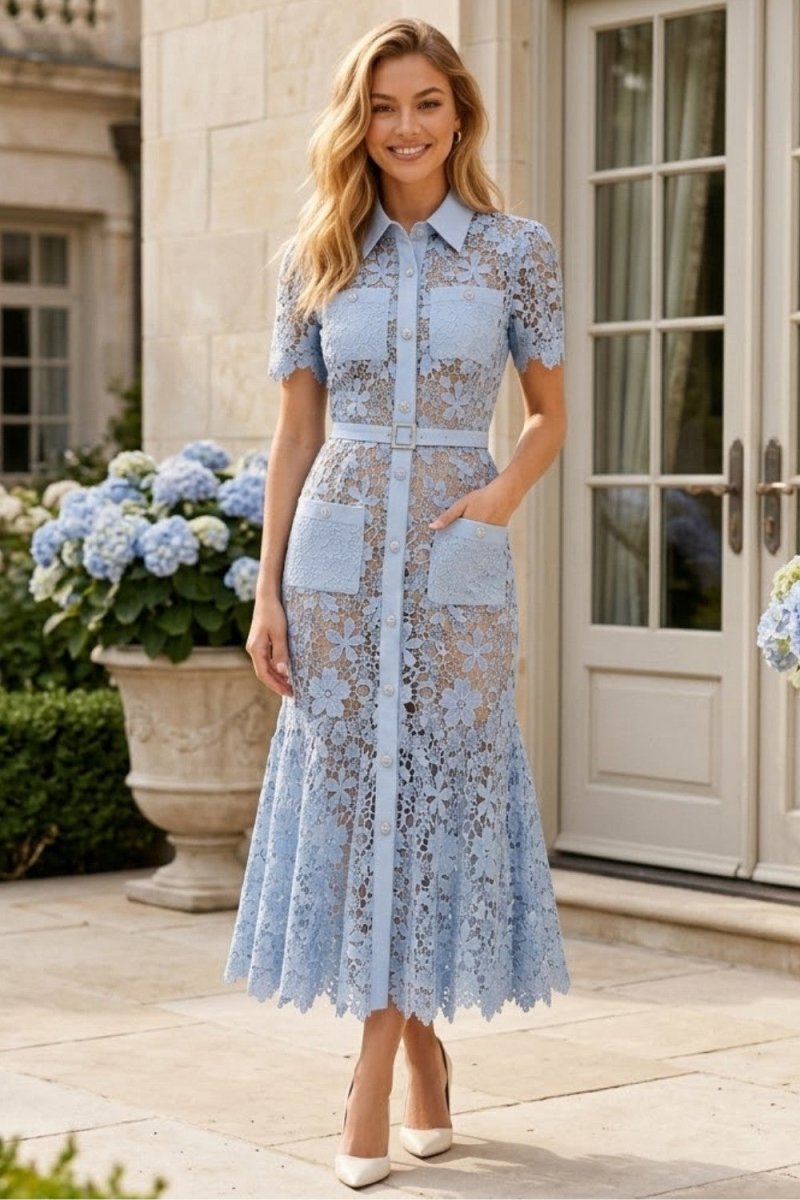 Model wearing baby blue floral lace shirt midi dress outside luxury estate with flowers