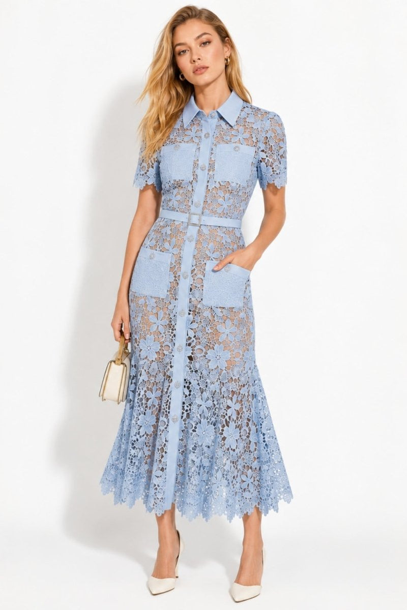 Front view of model wearing Ondara light blue floral guipure lace shirt midi dress with belt