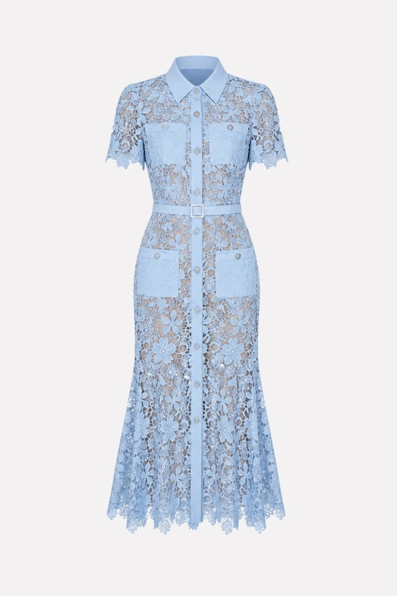 Ondara powder blue sheer floral lace midi dress featuring button front, lapel collar, and matching belt