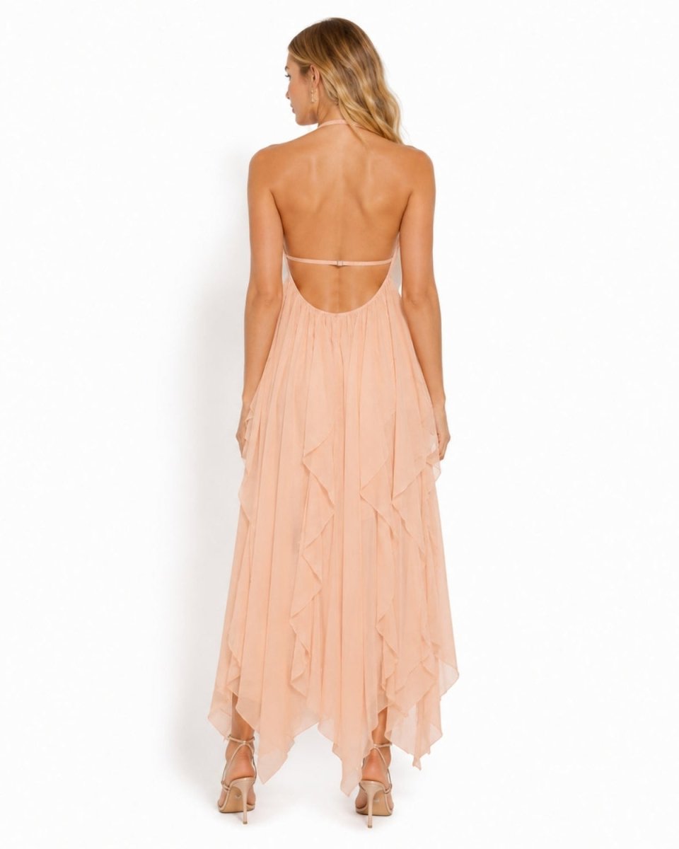 Back view of the Ondara peach Grecian maxi dress showing the low open back and elegant draping.
