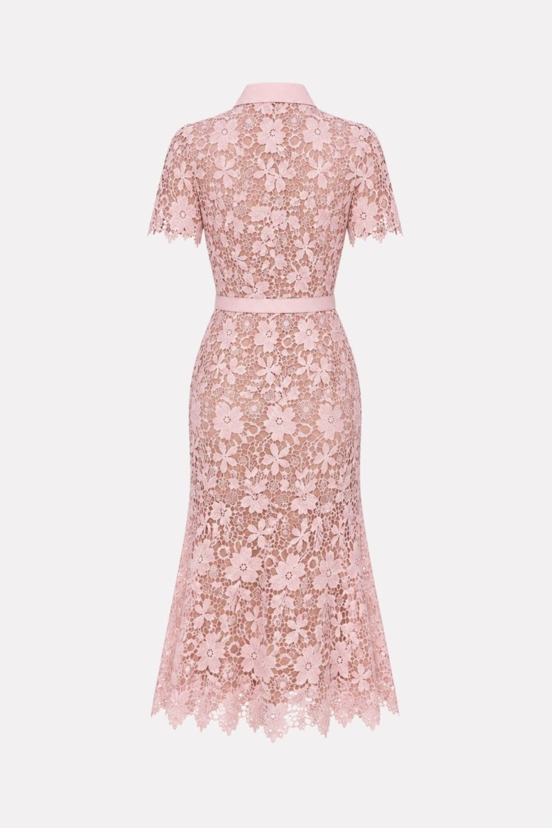 Ondara pink floral guipure lace shirt dress back view product studio display