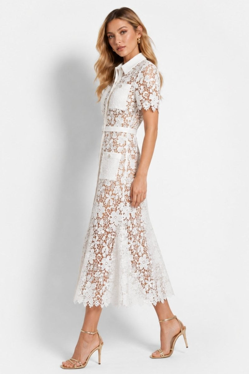 Side view of Ondara white short sleeve floral lace midi shirt dress styled with gold heel sandals