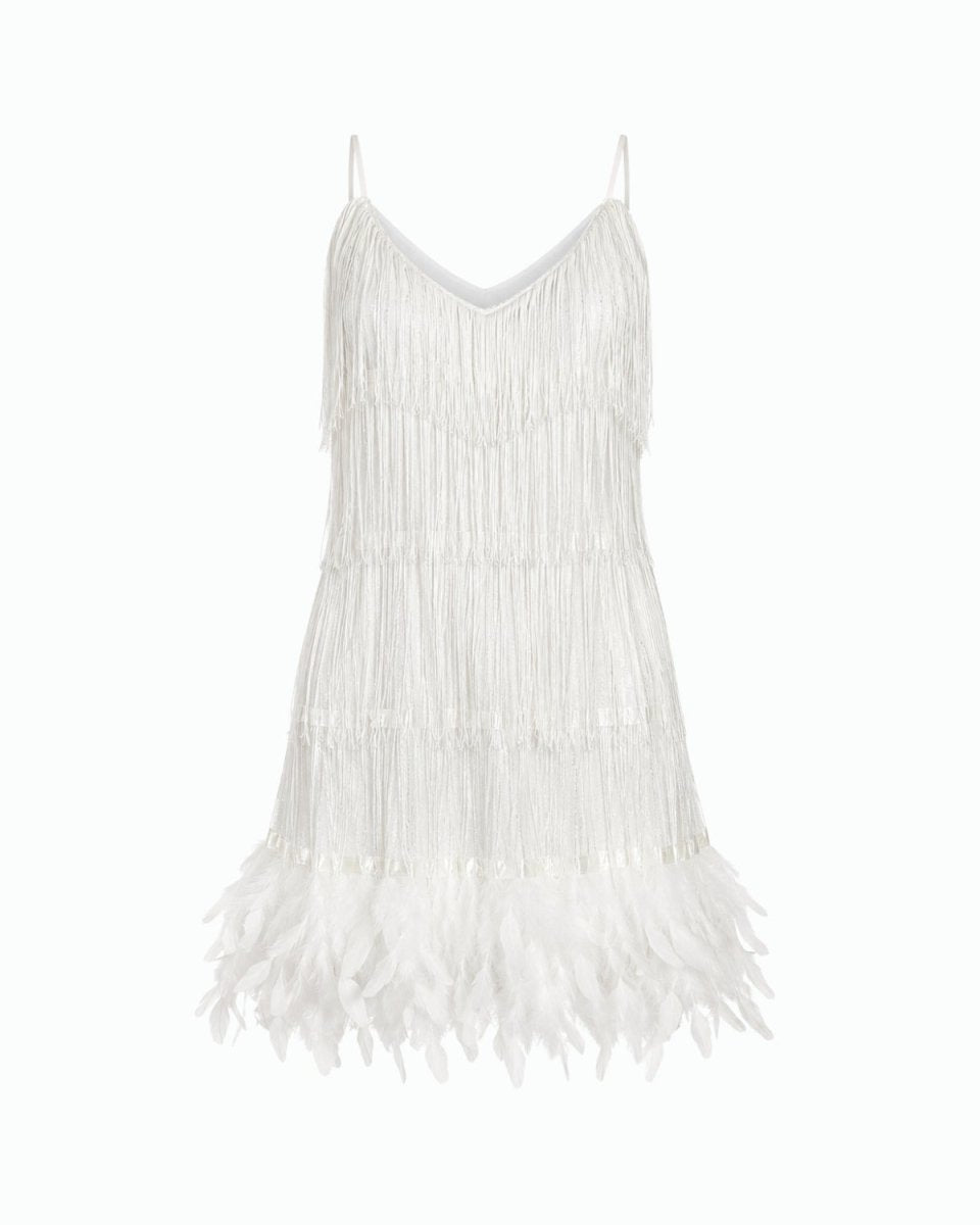Close-up texture detail of multi-tiered tassel fringe and premium feather hem