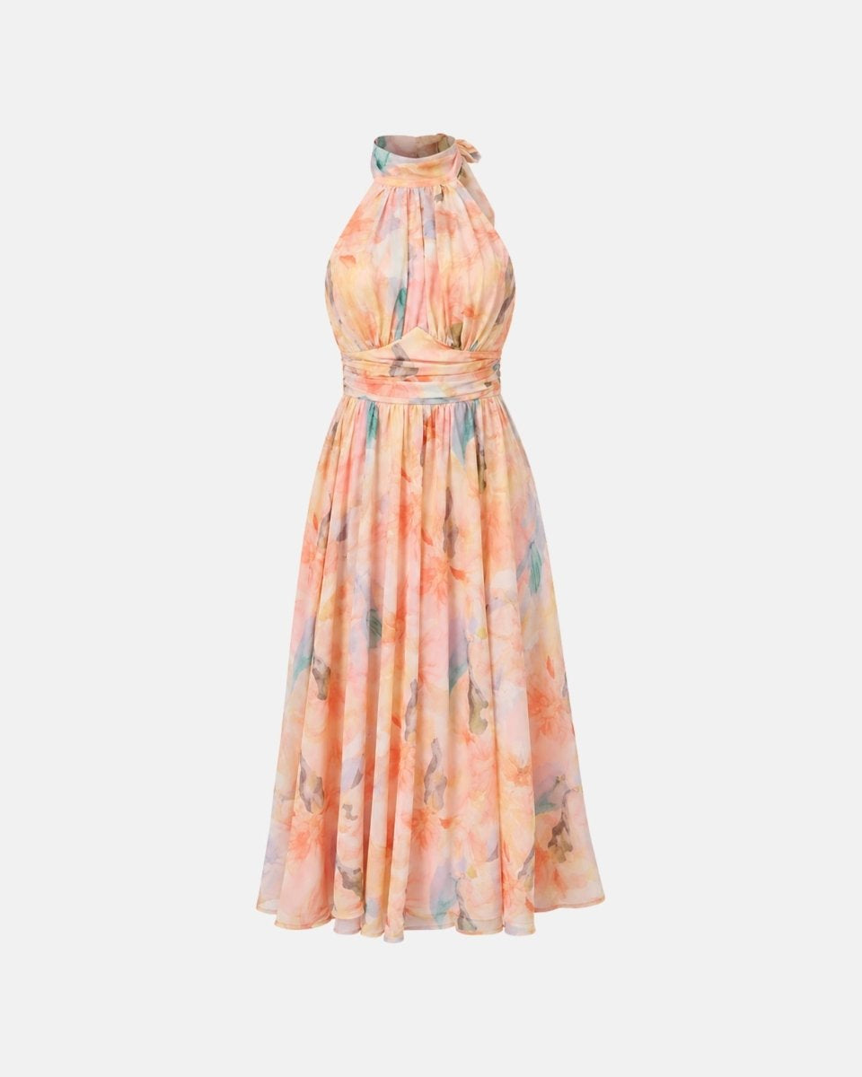 A sleeveless halter-neck midi dress with a watercolor floral print in soft peach, orange, pink, and light blue tones, shown against a plain light gray background.