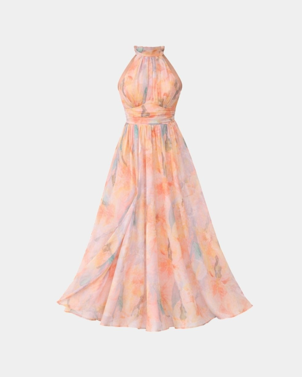 Front view of the Ondara pleated A-line chiffon wedding guest maxi dress with halter neckline.