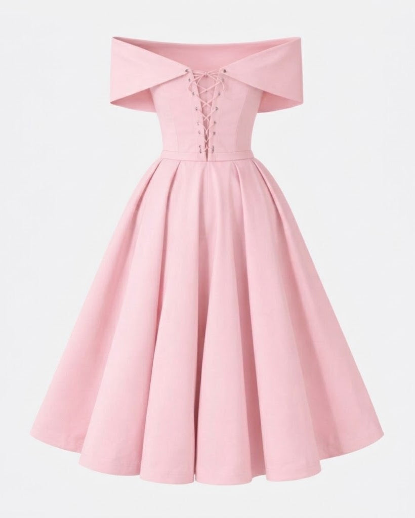 A light pink off-the-shoulder dress with a lace-up corset bodice and a full flared skirt, shown against a plain white background.