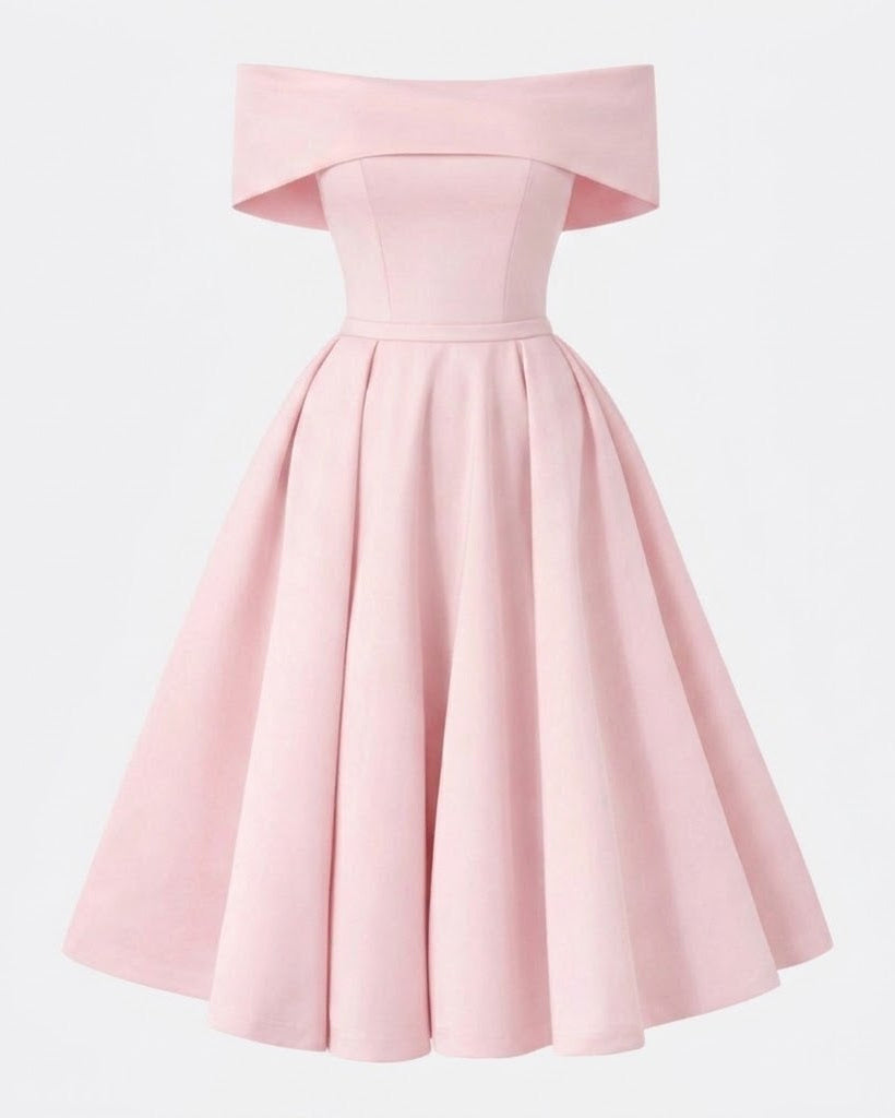A light pink off-the-shoulder dress with a structured, fitted bodice and a full, flared skirt, shown against a plain light gray background.