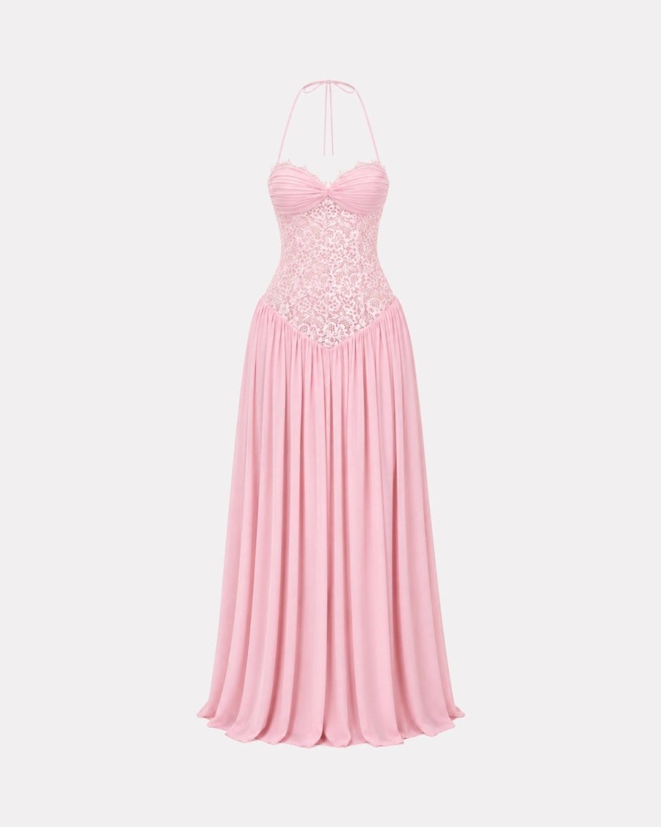 Flat lay view of the Ondara pastel pink basque waist lace corset maxi dress, highlighting the self-tie halter straps and pleated chiffon skirt structure.