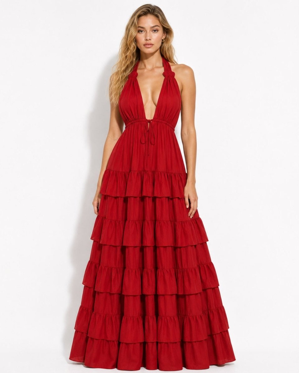 Front view of red deep V-neck tiered halter maxi dress by Ondara luxury resort wear