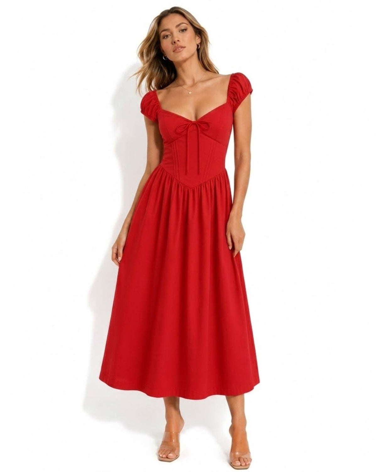 Studio front view of Ondara red pinstripe floral embroidered corset midi dress featuring structured bodice and cap puff sleeves.