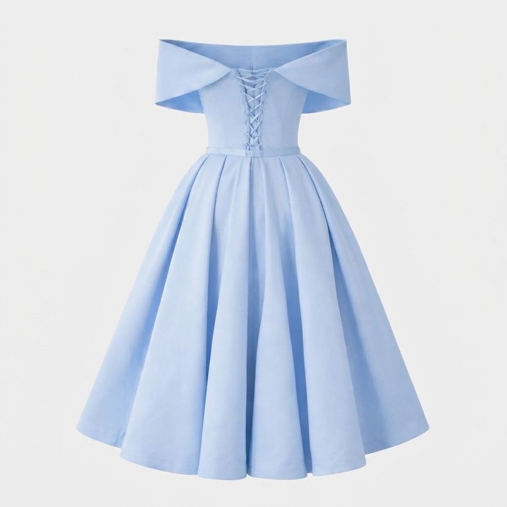 A light blue off-the-shoulder dress with a structured lace-up corset-style bodice and a full flared skirt, shown on a plain light gray background.