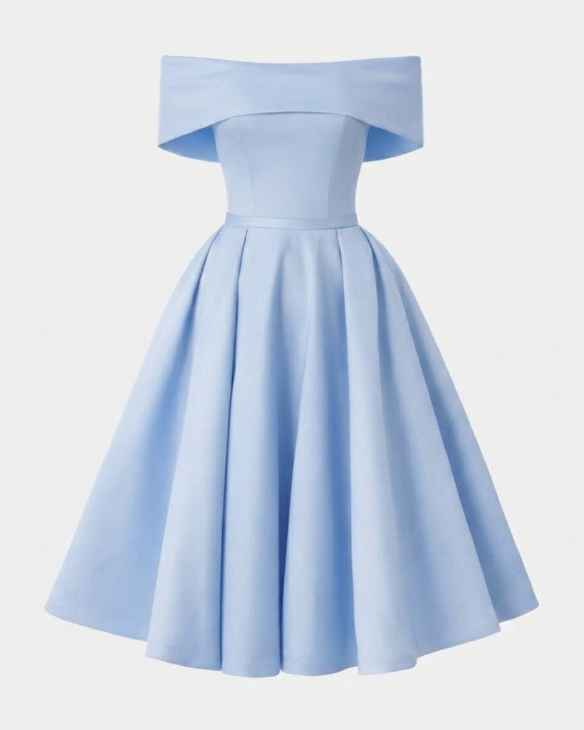 A light blue off-the-shoulder dress with a structured bodice and a full, flared skirt, shown against a plain light gray background.