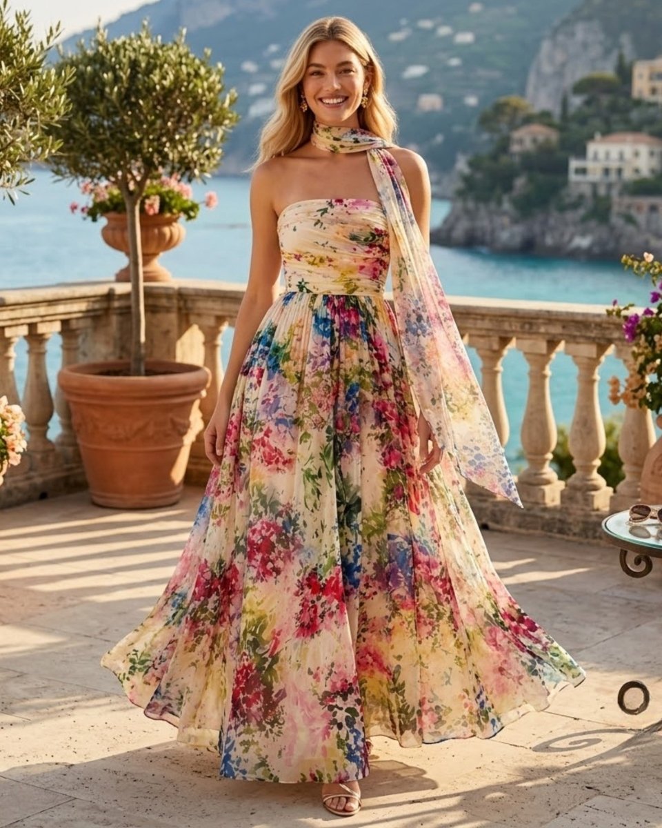 Woman smiling on a coastal terrace wearing a luxury watercolor floral maxi dress by Ondara, styled as a chic summer wedding guest gown with a trailing neck scarf.