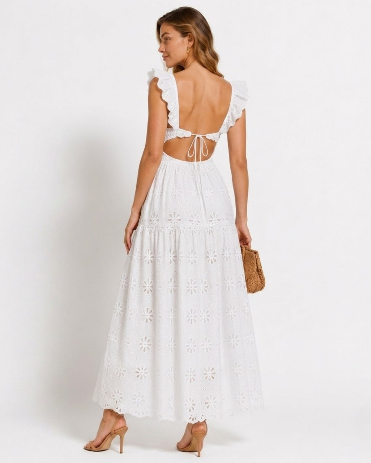 Back view of the Ondara white eyelet lace maxi dress showcasing the adjustable open back with delicate string tie closure and ruffle straps.