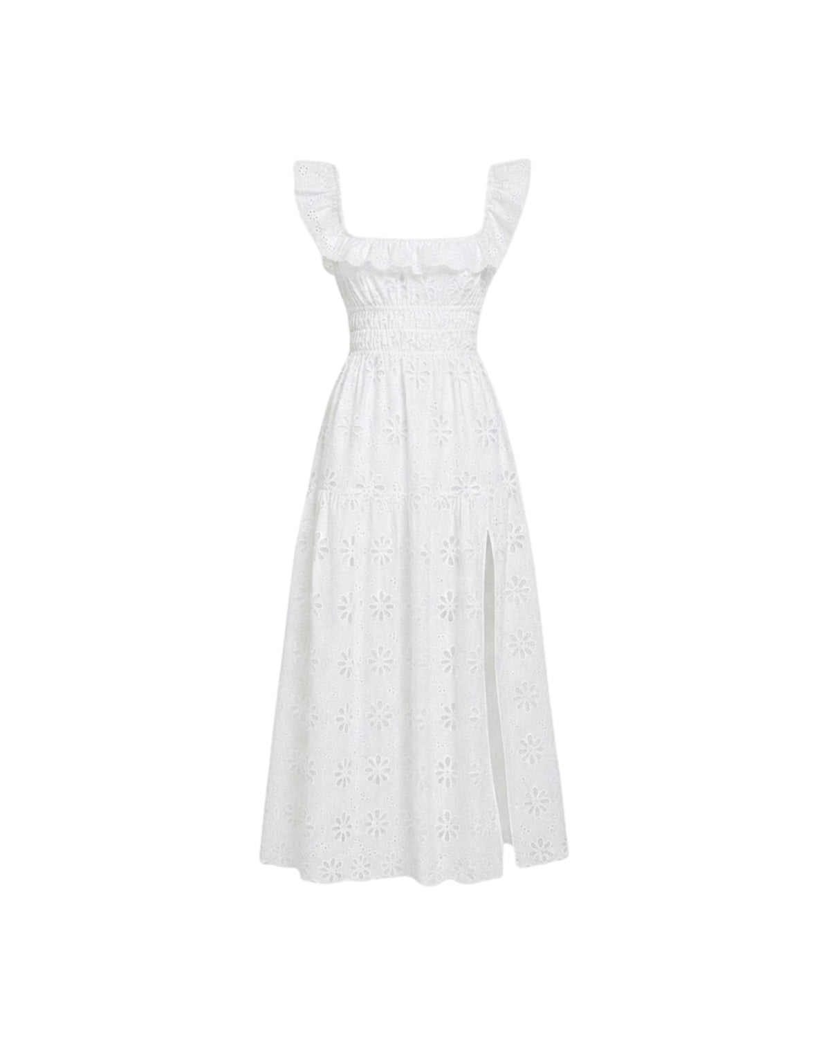 Flat lay product photography of the Ondara white eyelet lace summer maxi dress displaying the floral embroidery and smocked bodice.