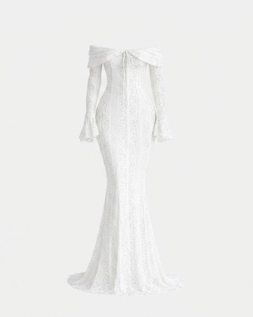 An off-the-shoulder white lace maxi dress with long flared sleeves, a fitted silhouette, and a slight train, shown against a plain light gray background.