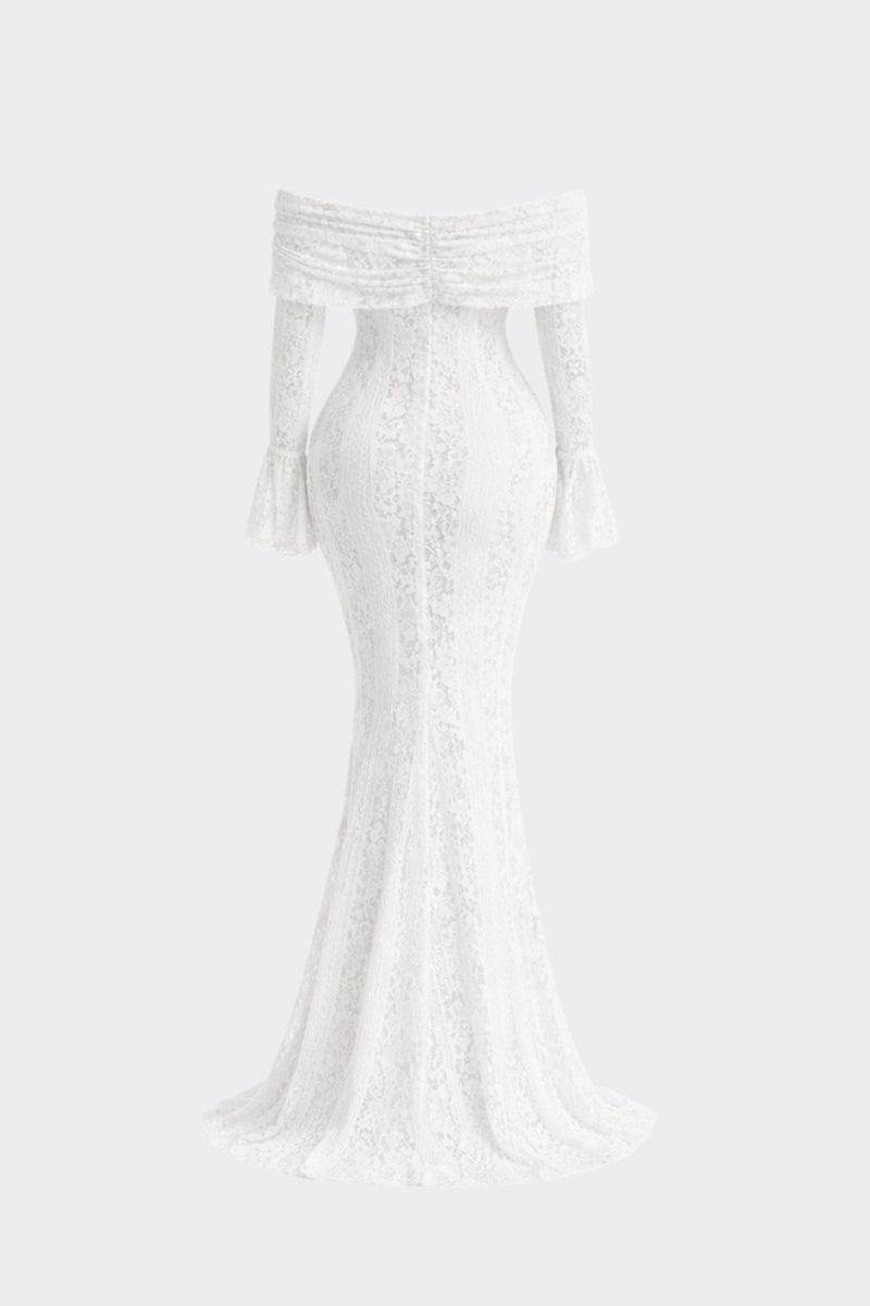 Back ghost mannequin view of the Ondora Glezellia white lace maxi dress showcasing the tailored mermaid silhouette.