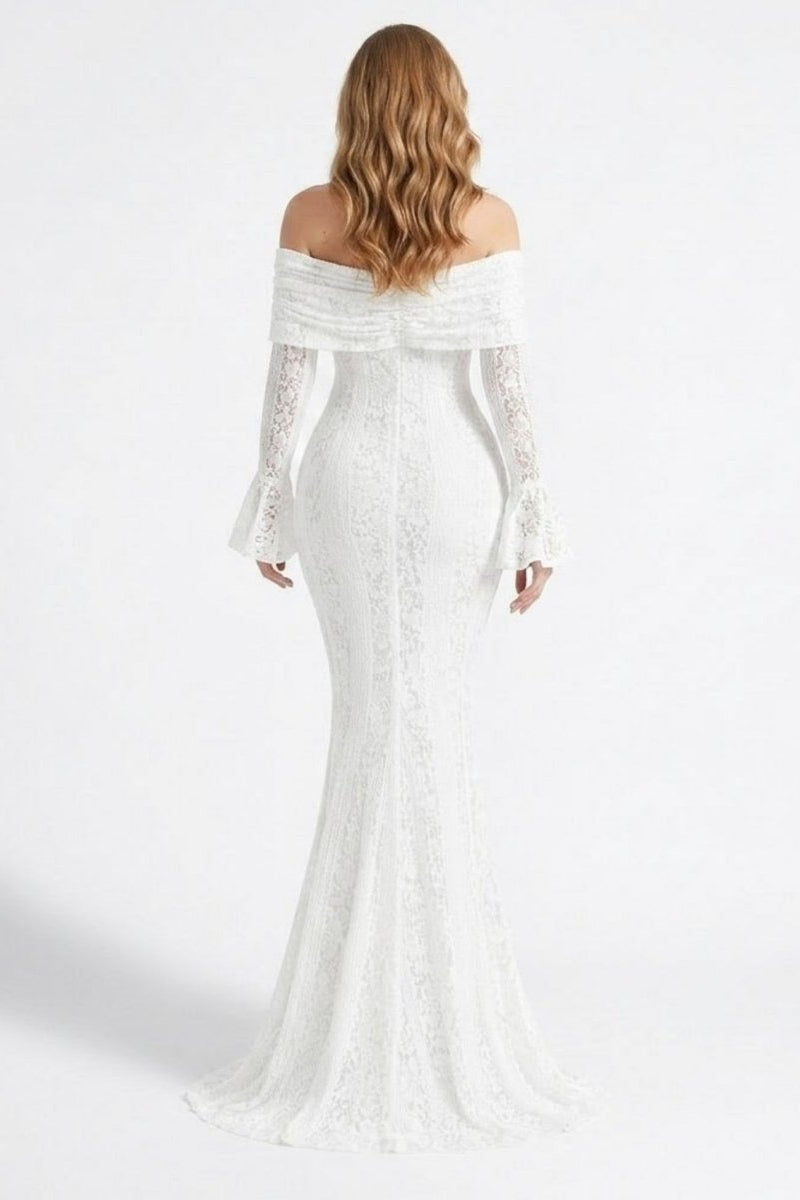 Model turned away showing the elegant sweeping train of the Ondora Glezellia white lace long sleeve maxi dress.